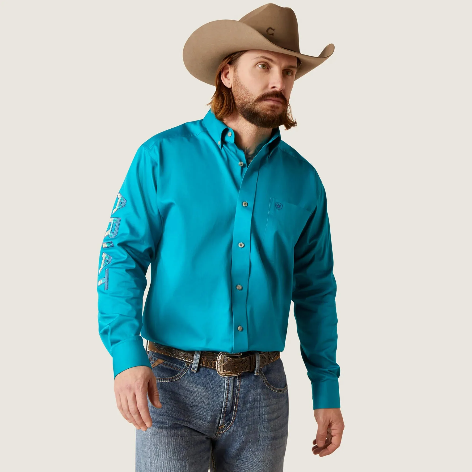 ARIAT TEAM LOGO TWILL CLASSIC LONG SLEEVE AHIRT ENAMEL BLUE CLASSIC FIT - 6720