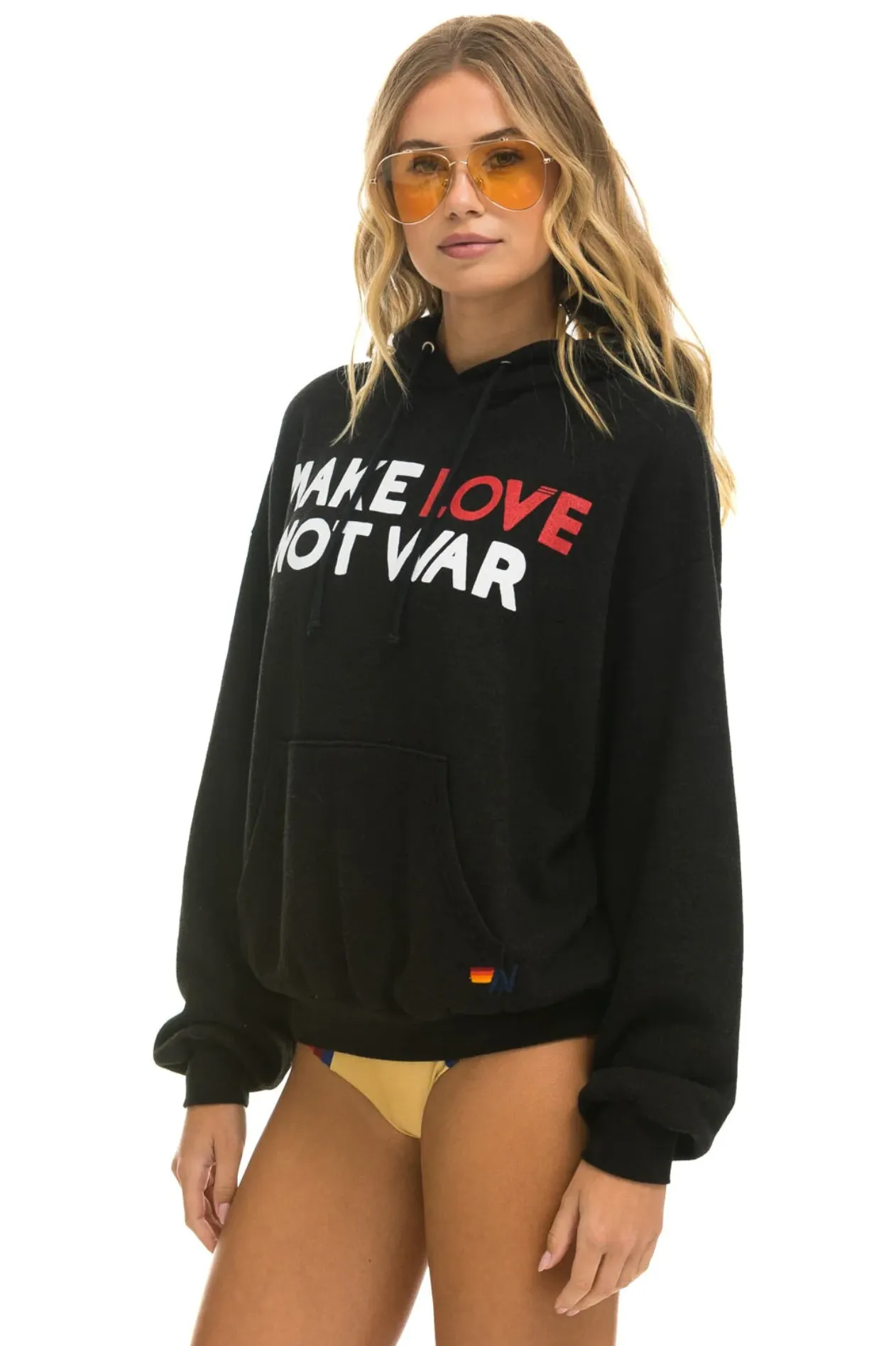 AVIATOR NATION MAKE LOVE NOT WAR RELAXED PULLOVER UNISEX HOODIE - BLACK