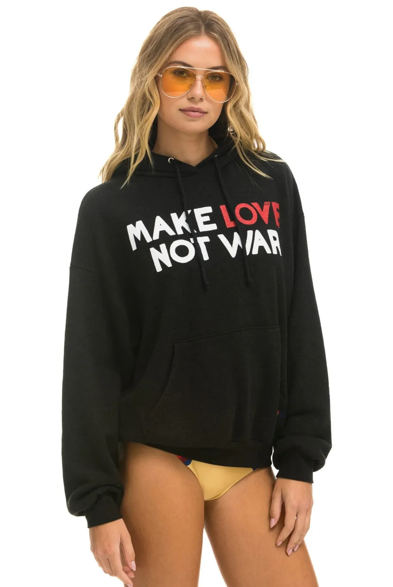 AVIATOR NATION MAKE LOVE NOT WAR RELAXED PULLOVER UNISEX HOODIE - BLACK