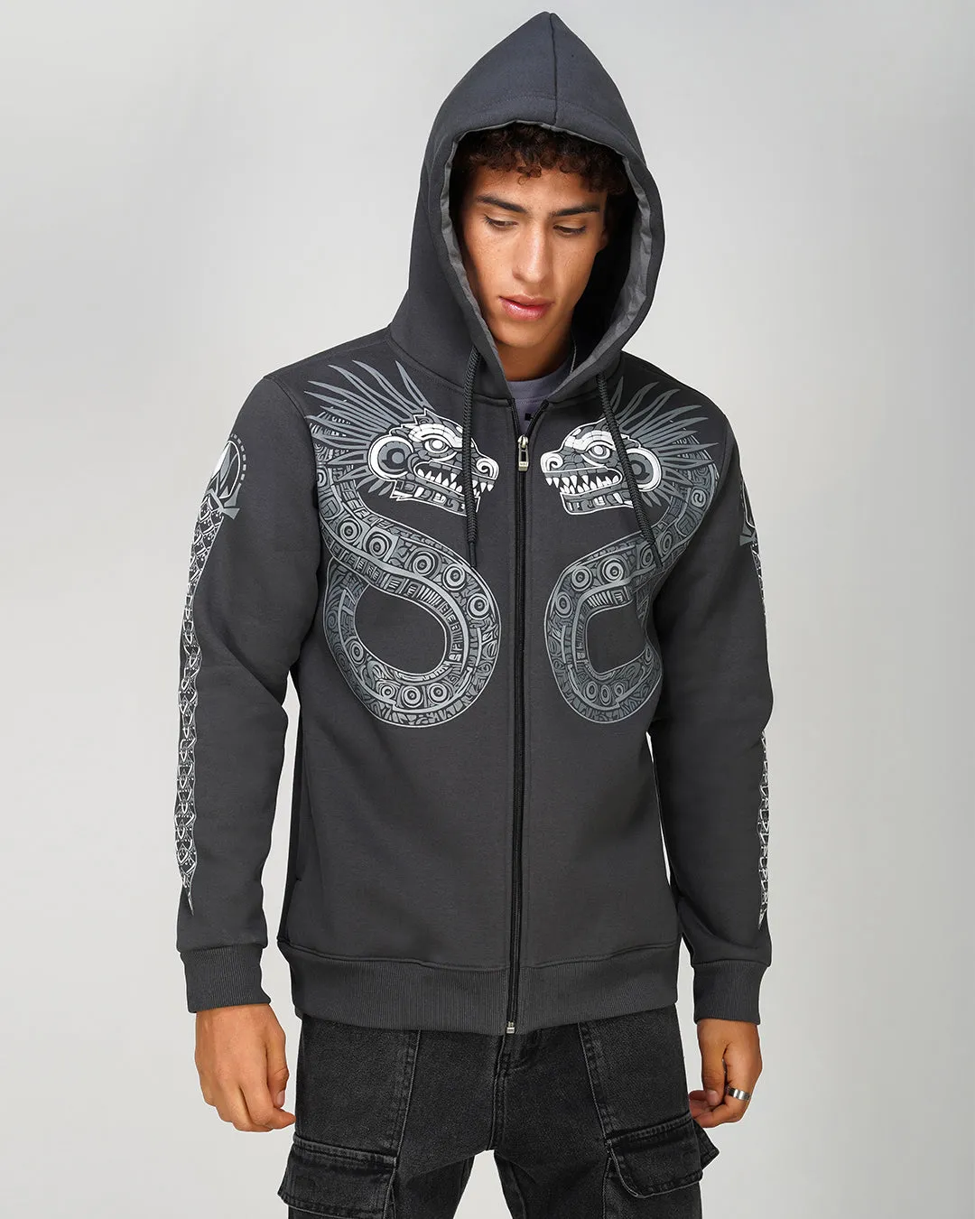 Aztec Dragon | Dark Grey Puff Printed Relaxed Fit Hoodie