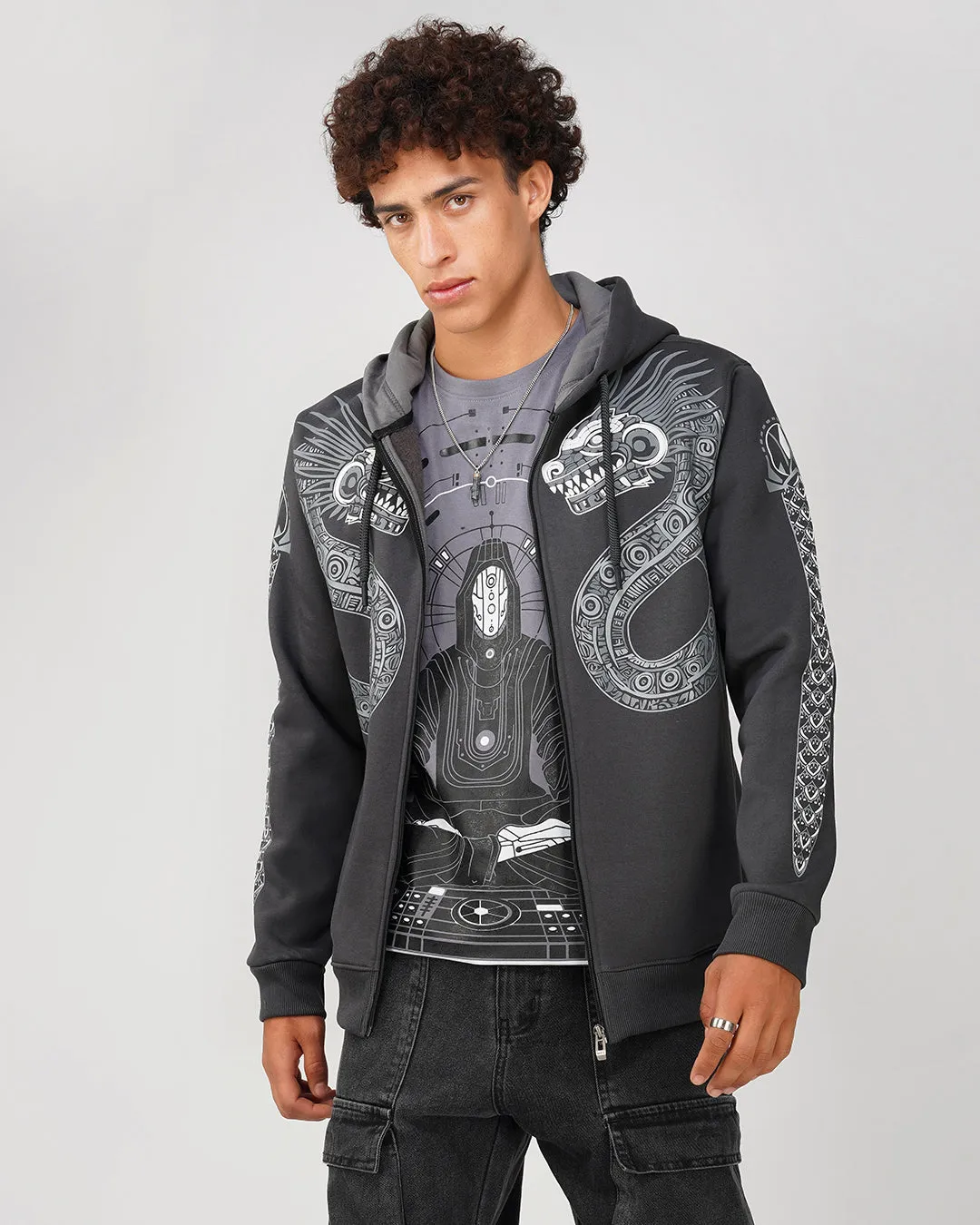 Aztec Dragon | Dark Grey Puff Printed Relaxed Fit Hoodie