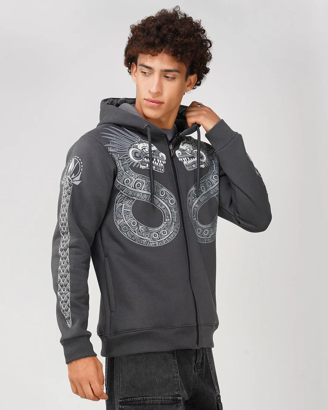 Aztec Dragon | Dark Grey Puff Printed Relaxed Fit Hoodie