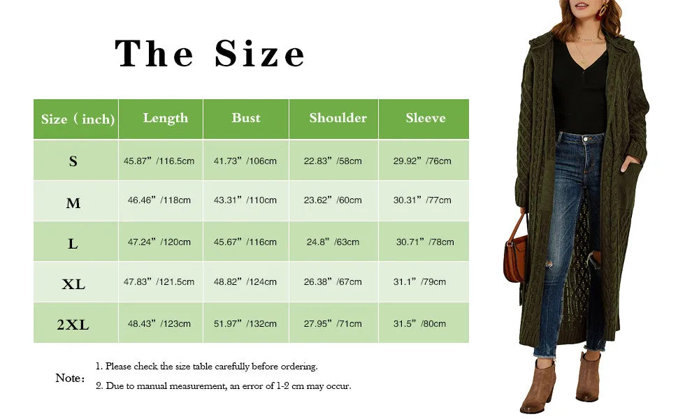 Black Womens Casual Long Sleeve Open Cardigan Warm Hooded Outwear Coat Cable Knit Long Cardigan Sweaters with Pockets - NIUBIA