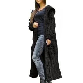 Black Womens Casual Long Sleeve Open Cardigan Warm Hooded Outwear Coat Cable Knit Long Cardigan Sweaters with Pockets - NIUBIA