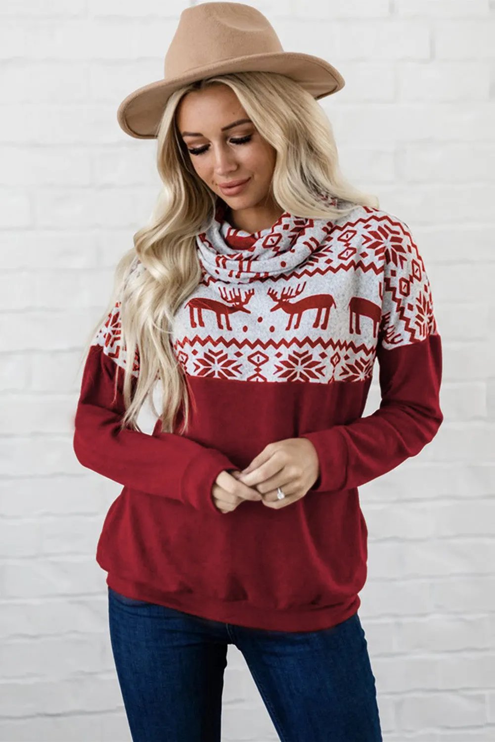 Burgundy Christmas Elk Print Cowl Neck Knit Top