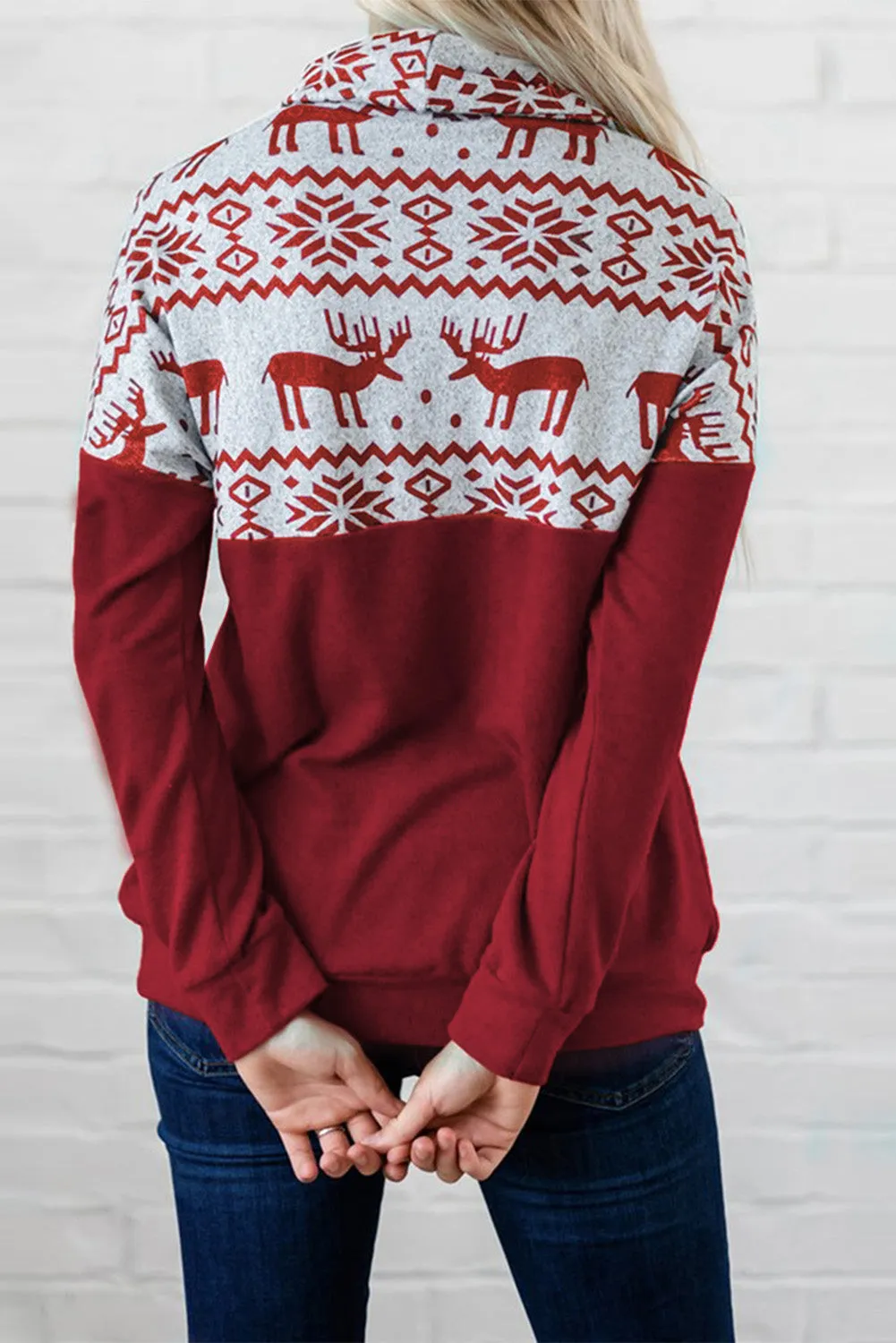 Burgundy Christmas Elk Print Cowl Neck Knit Top