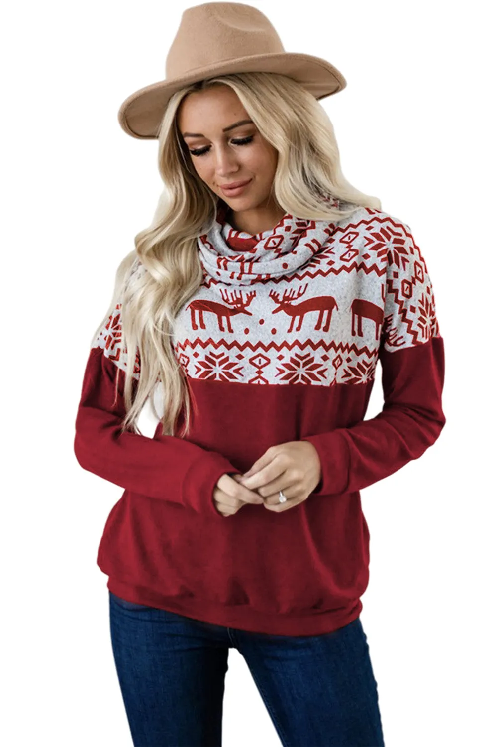 Burgundy Christmas Elk Print Cowl Neck Knit Top