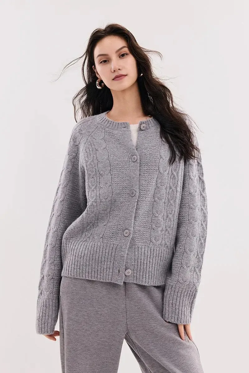 Cable-Knit Wool Blend Crewneck Cardigan