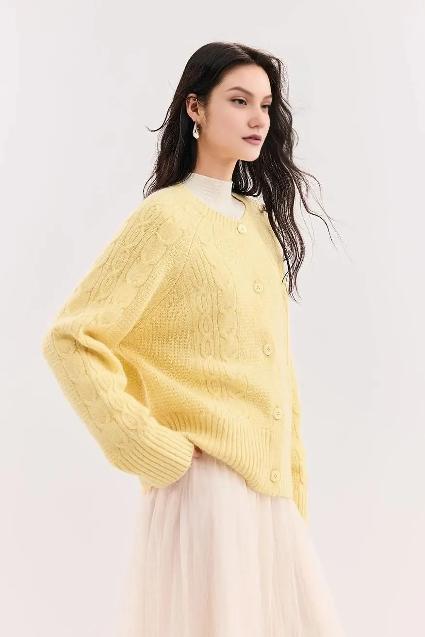 Cable-Knit Wool Blend Crewneck Cardigan