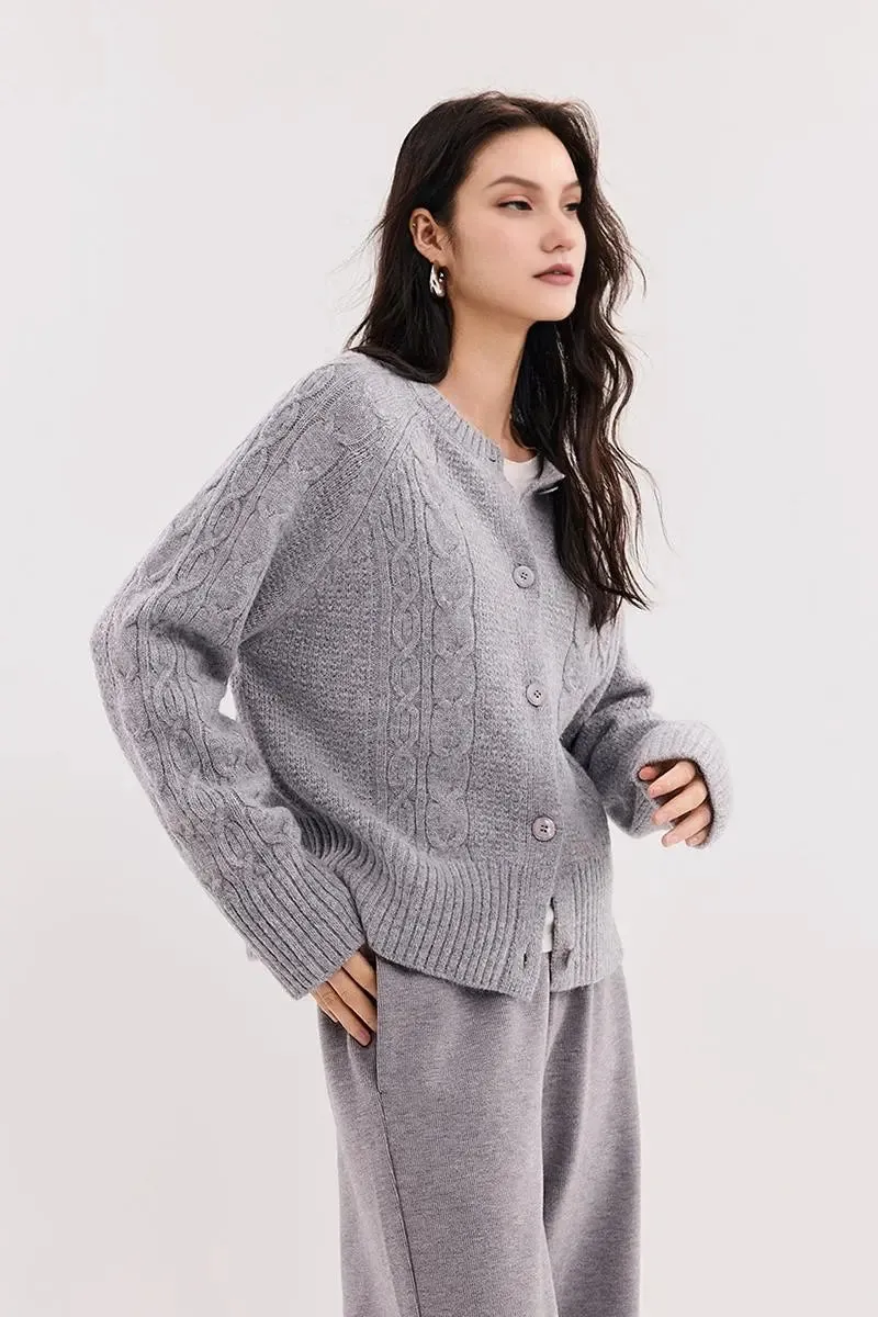 Cable-Knit Wool Blend Crewneck Cardigan