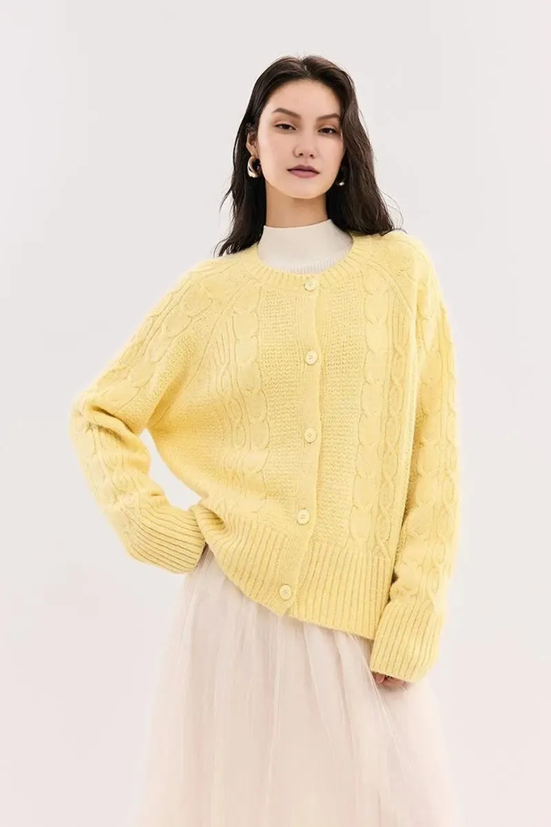 Cable-Knit Wool Blend Crewneck Cardigan