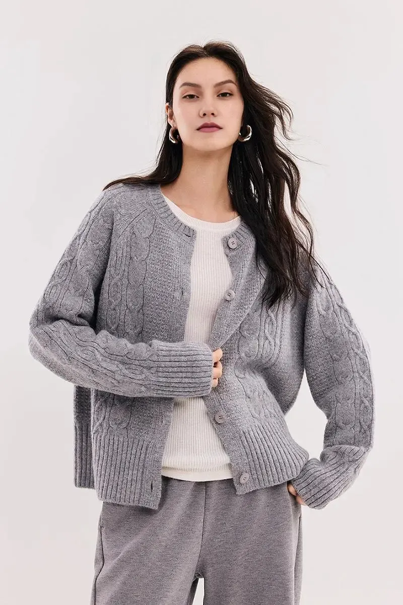 Cable-Knit Wool Blend Crewneck Cardigan