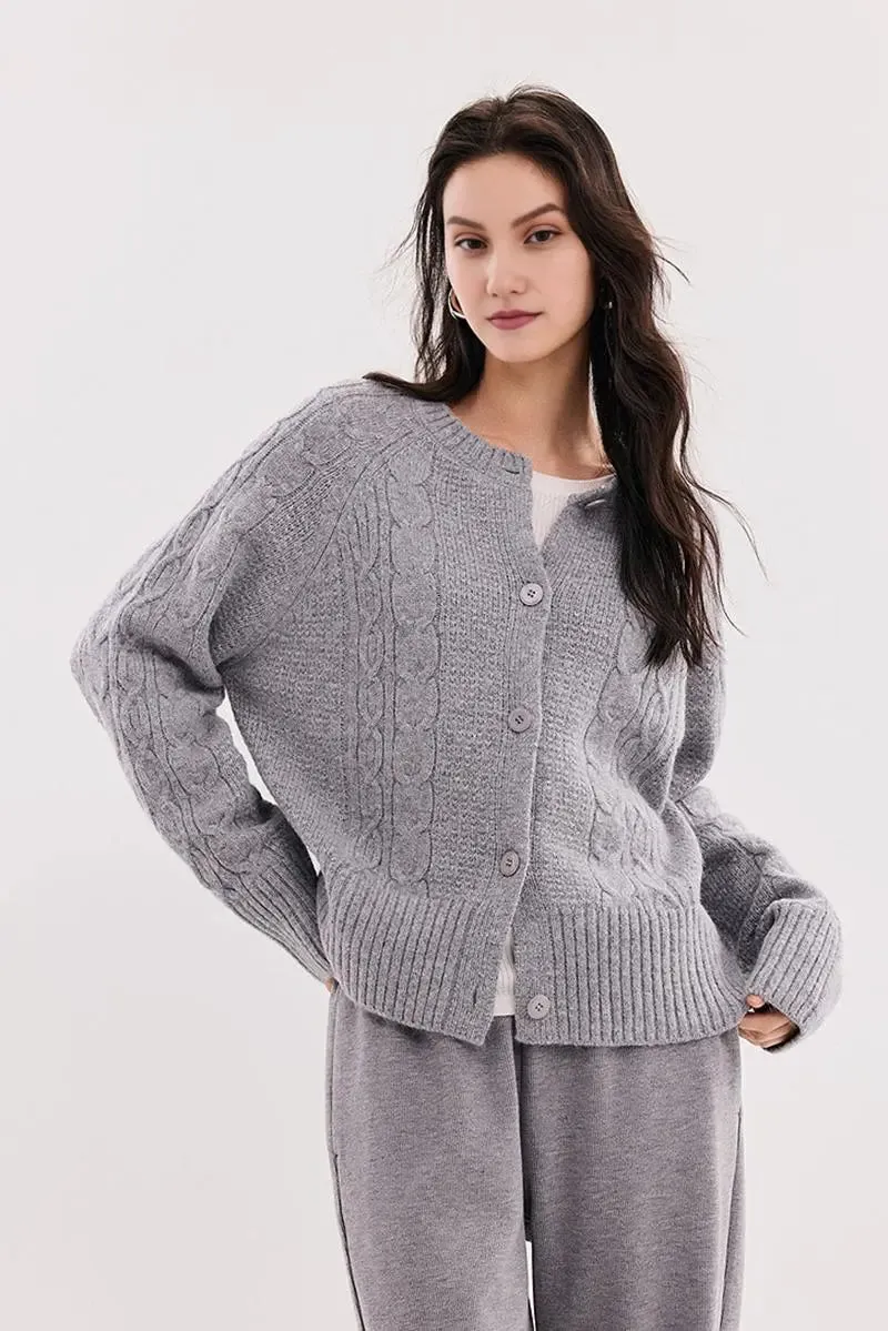 Cable-Knit Wool Blend Crewneck Cardigan