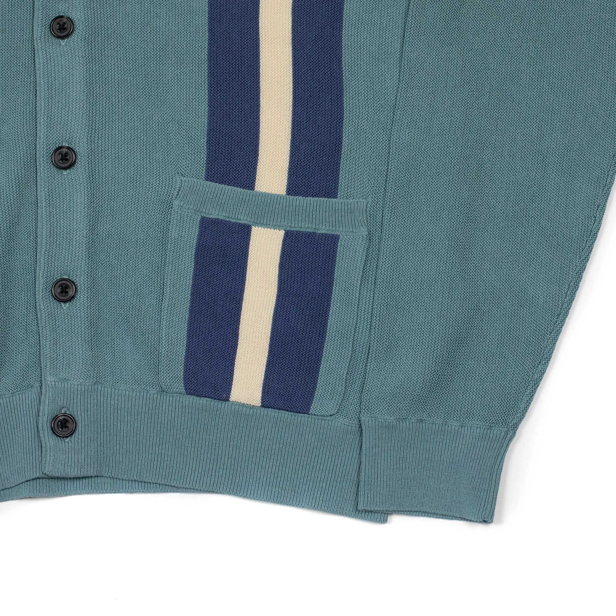 Cardigan in teal cotton with blue racing stripes