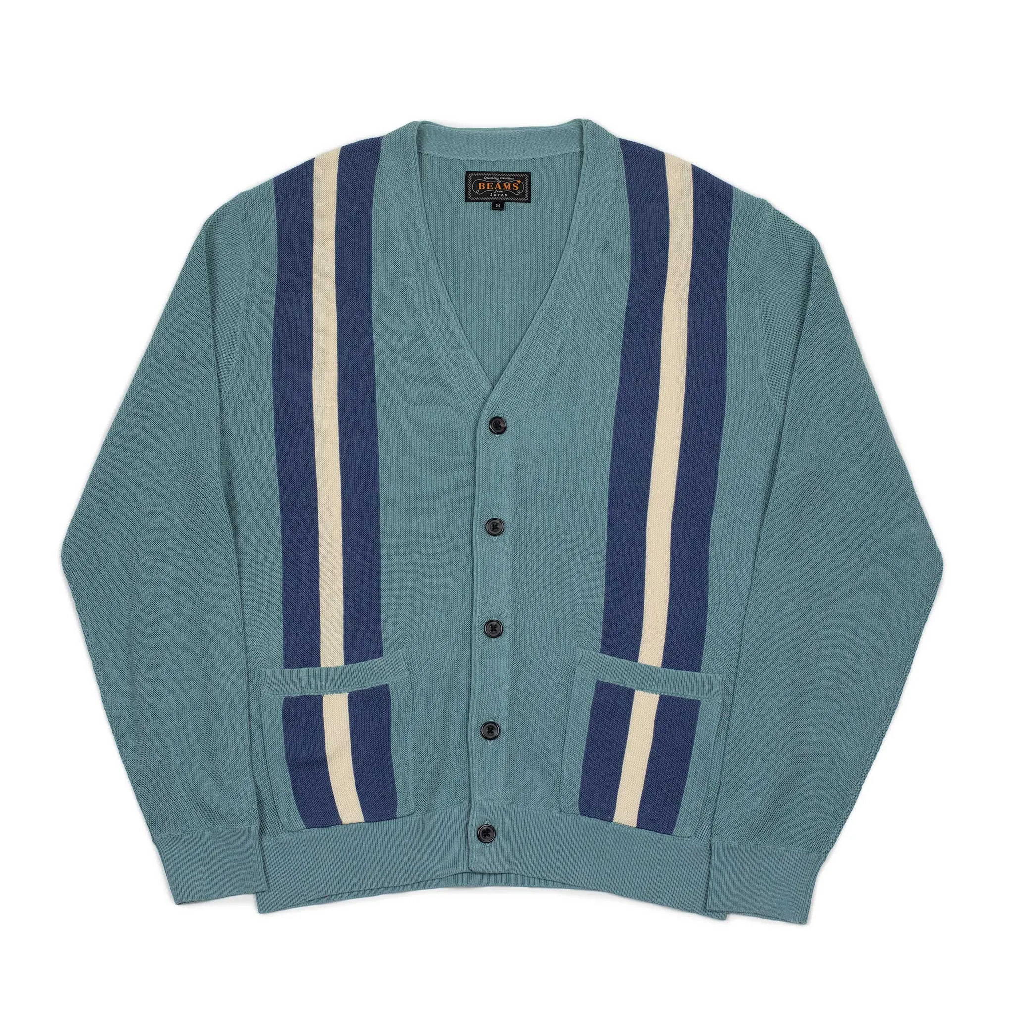 Cardigan in teal cotton with blue racing stripes