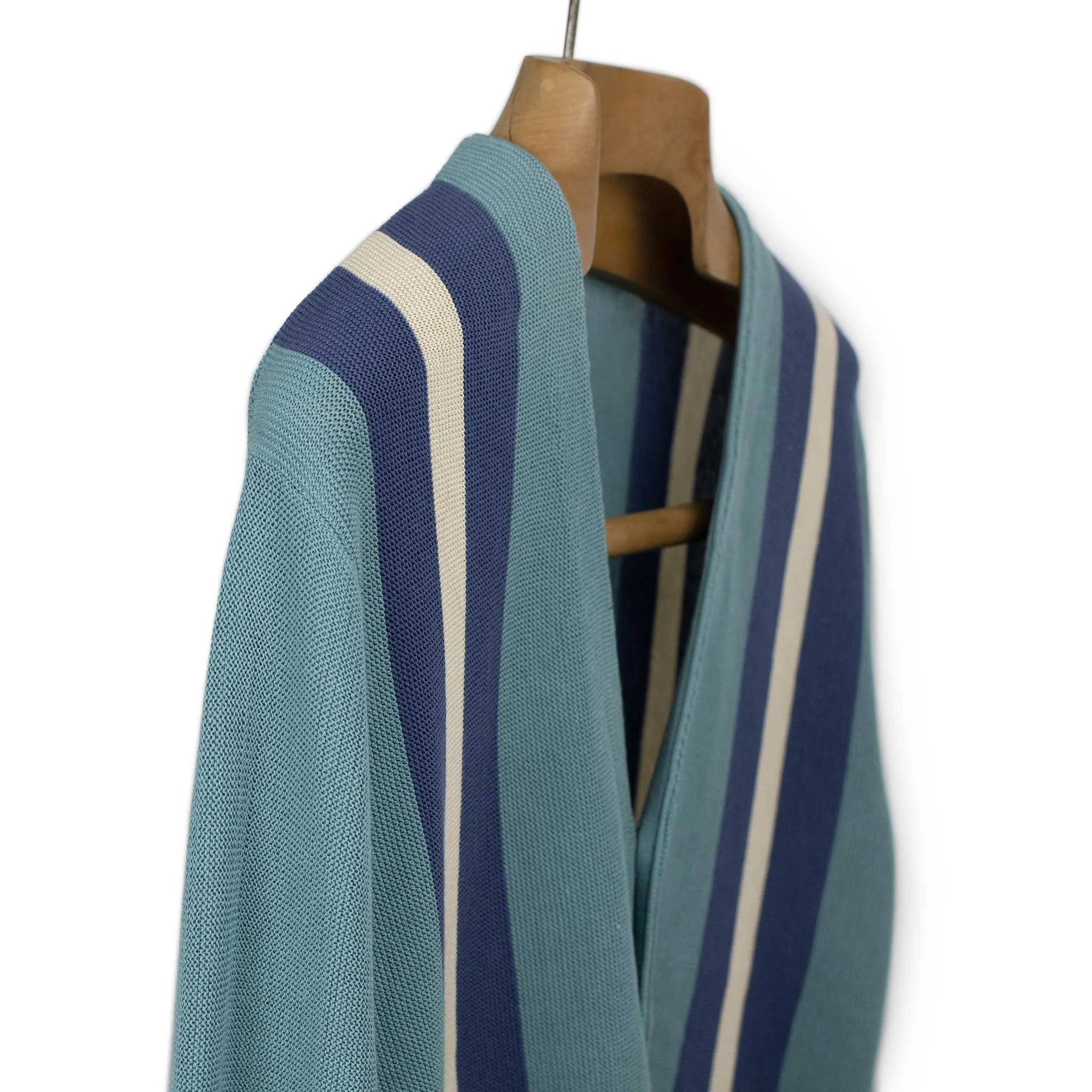 Cardigan in teal cotton with blue racing stripes