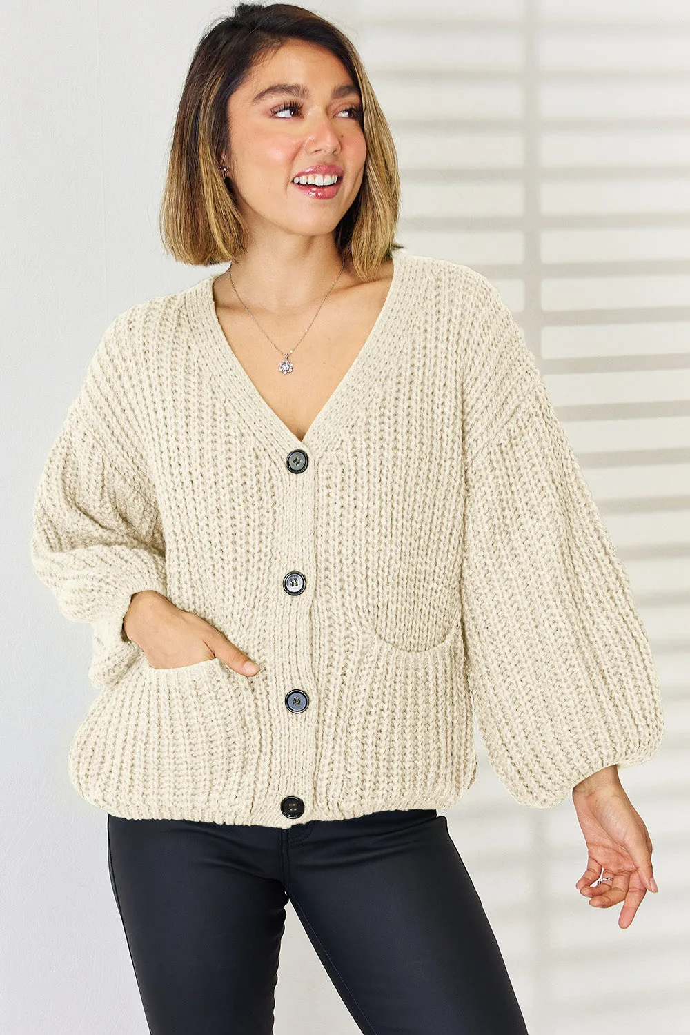 Cardigan with pockets and buttons Women's Fashion Knit Baggy Sleeves Open Sweater