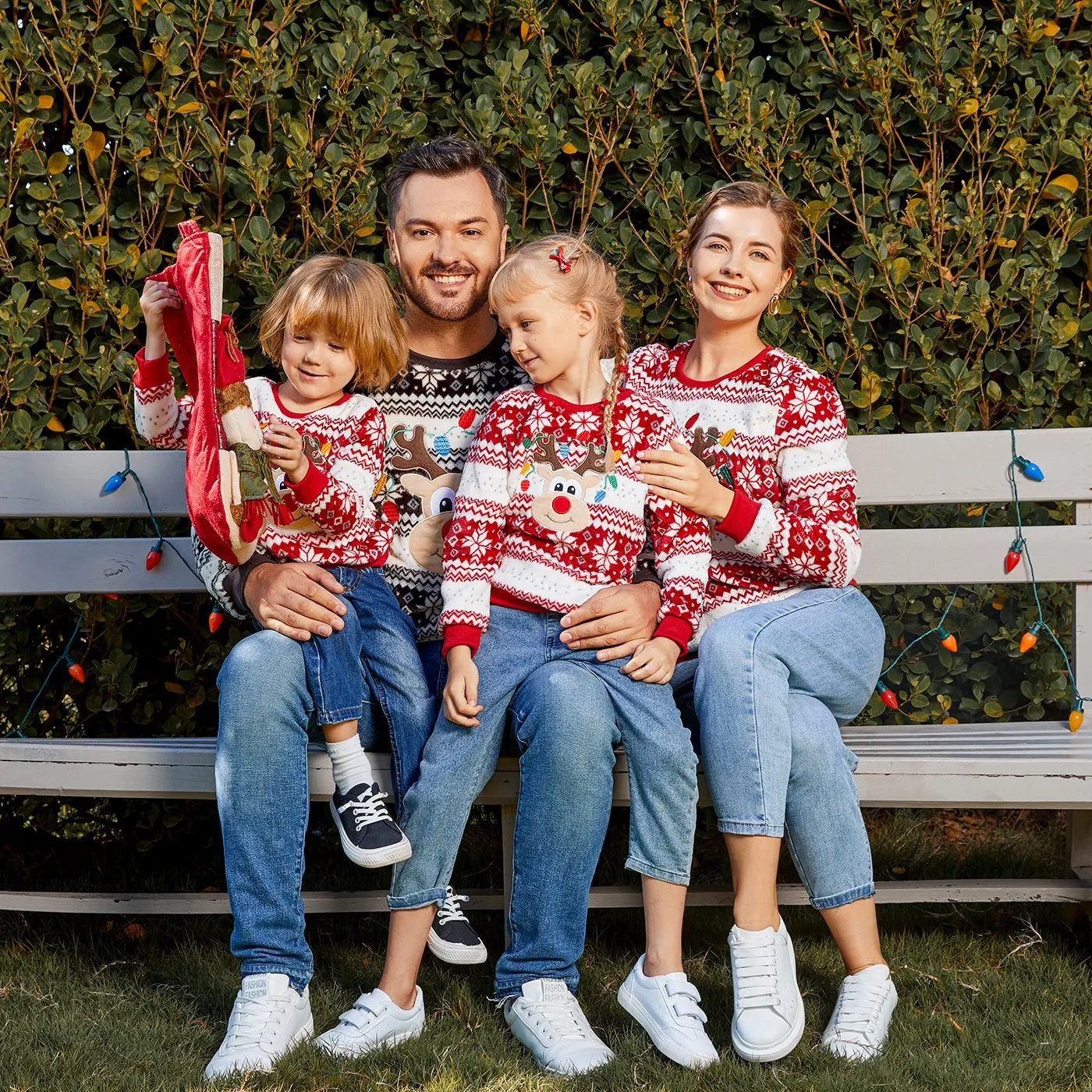 Christmas Family Matching Reindeer Embroidered Allover Pattern Long-sleeve Fuzzy Flannel Tops