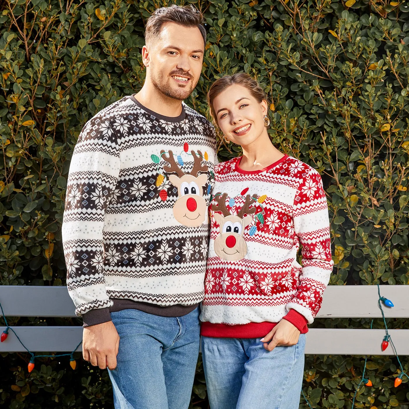 Christmas Family Matching Reindeer Embroidered Allover Pattern Long-sleeve Fuzzy Flannel Tops