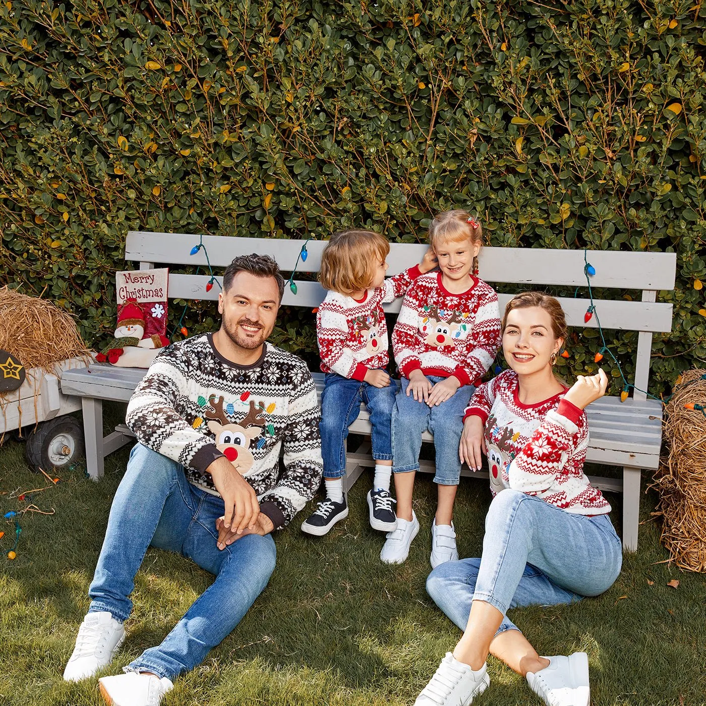 Christmas Family Matching Reindeer Embroidered Allover Pattern Long-sleeve Fuzzy Flannel Tops