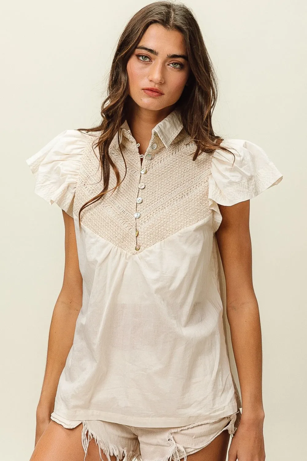 Ciara Half Button Collared Neck Short Sleeve Top