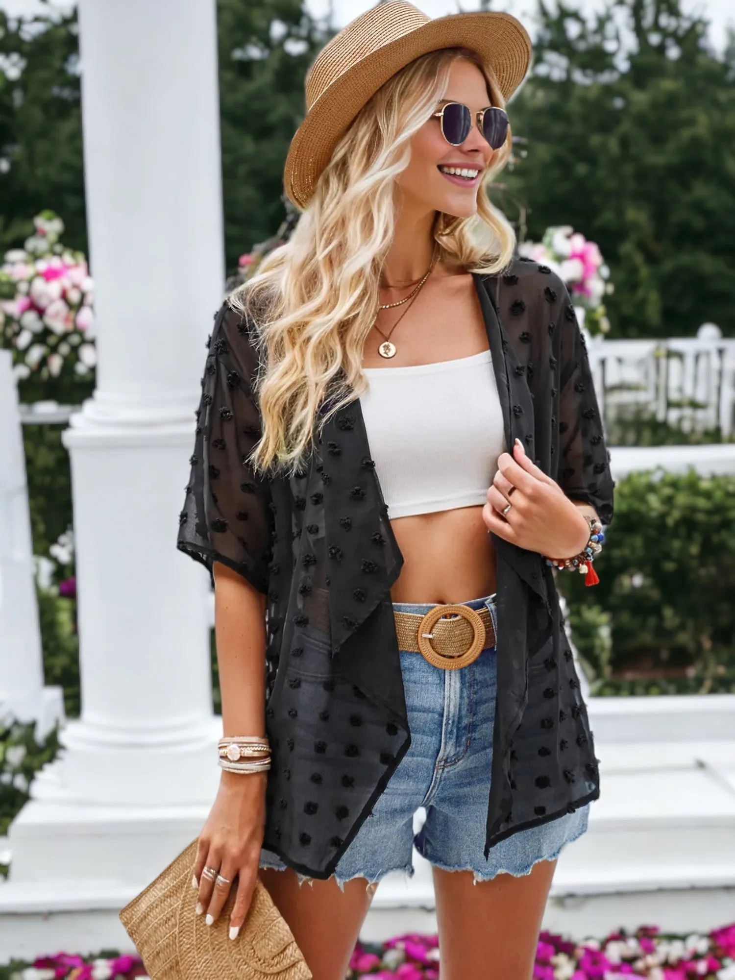 Clip Dot Chiffon Short Sleeve Textured Cardigan