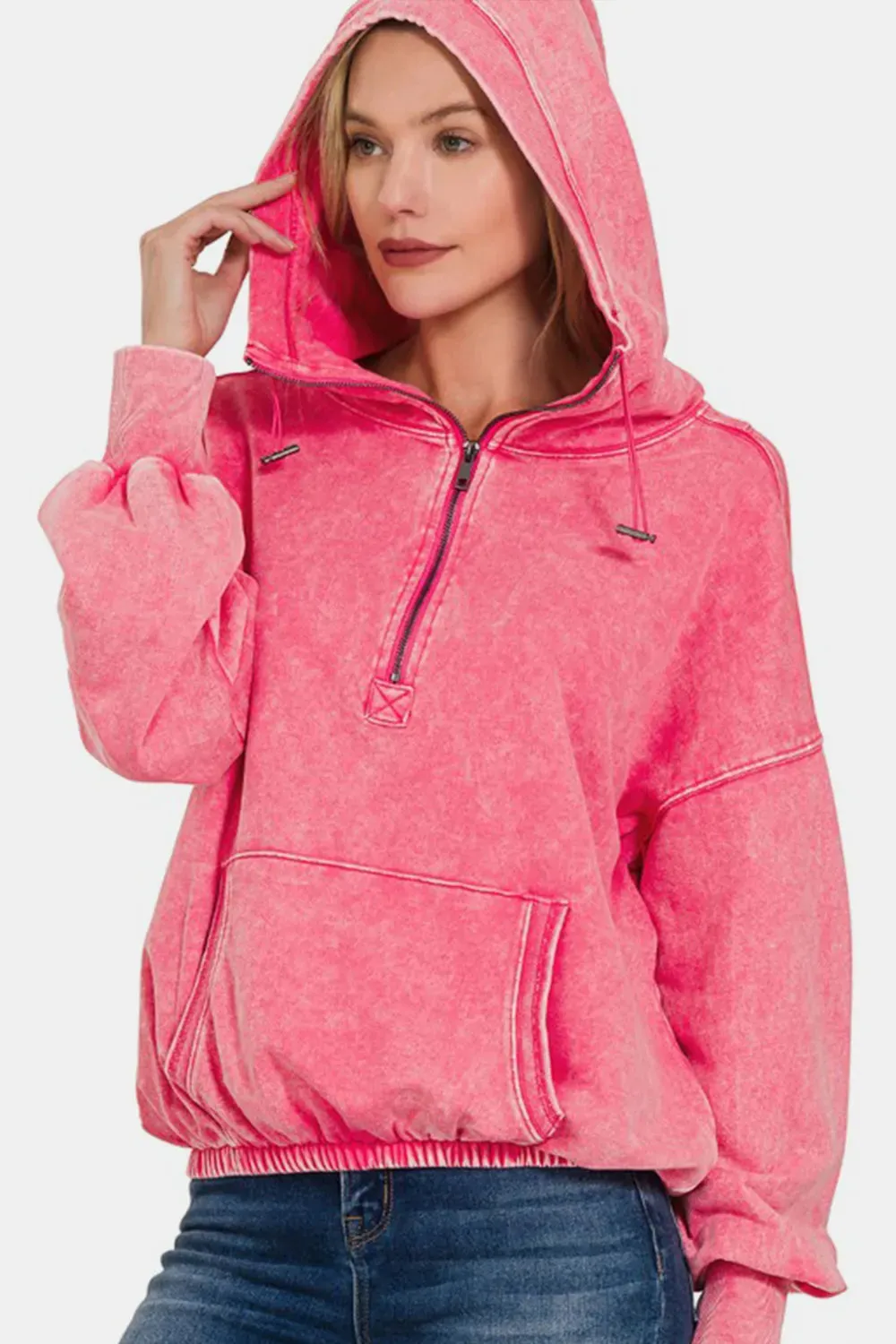 Drawstring Half Zip Dropped Shoulder Hoodie