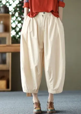 Elegant Beige Pockets Wrinkled Patchwork Linen Crop Pants Summer LY0621