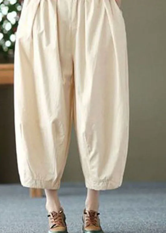 Elegant Beige Pockets Wrinkled Patchwork Linen Crop Pants Summer LY0621