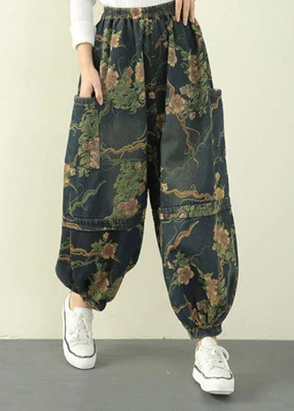 Elegant Blue Print Summer lantern Pants Cotton