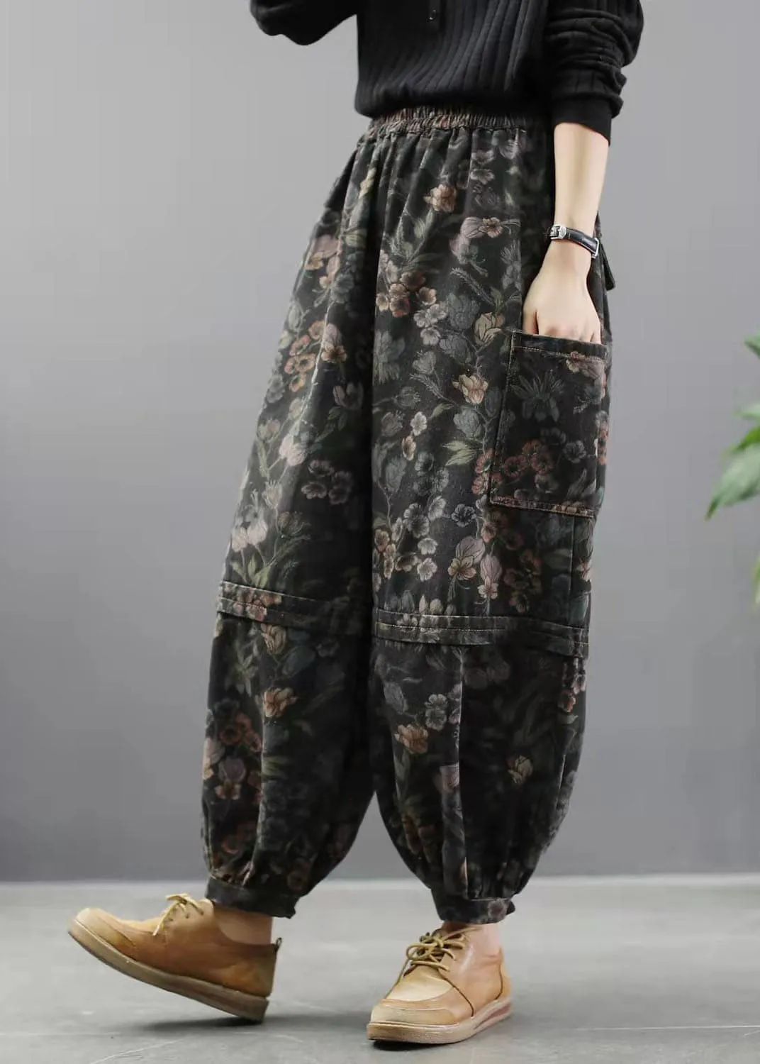 Elegant Blue Print Summer lantern Pants Cotton