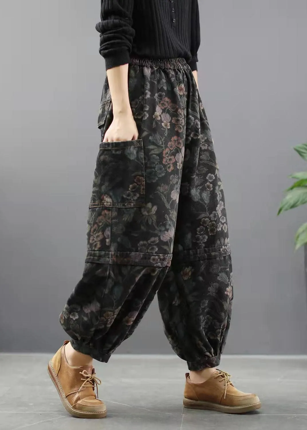 Elegant Blue Print Summer lantern Pants Cotton