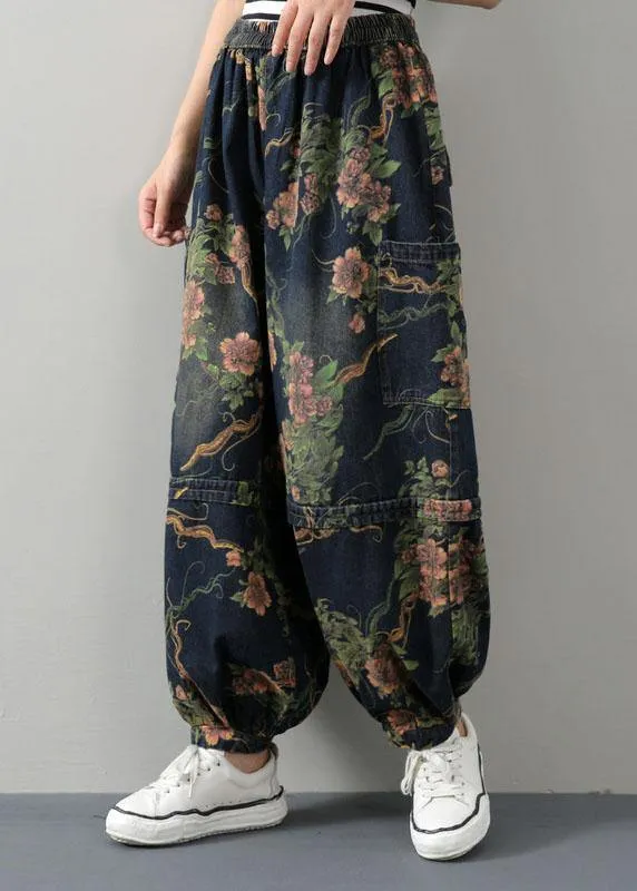 Elegant Blue Print Summer lantern Pants Cotton