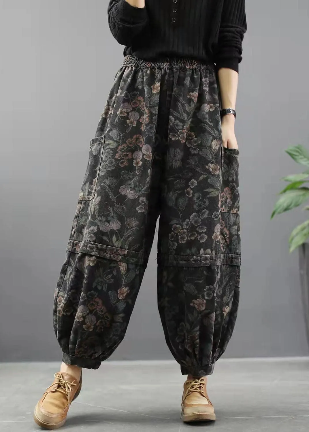 Elegant Blue Print Summer lantern Pants Cotton