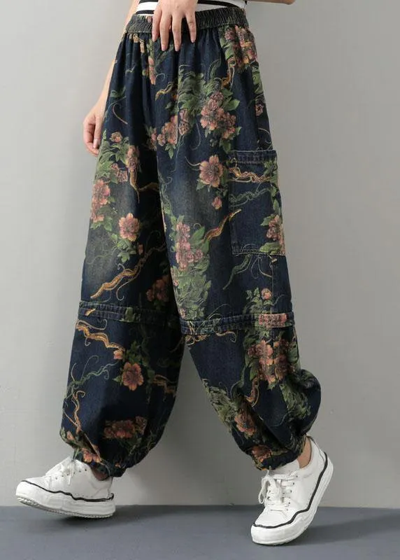 Elegant Blue Print Summer lantern Pants Cotton