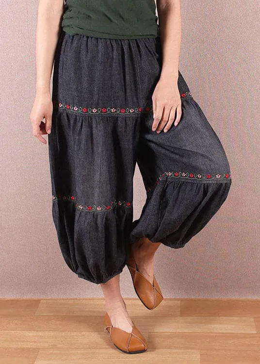 Elegant Denim Blue Elastic Waist Oriental Embroideried Patchwork Cotton Lantern Pants Summer