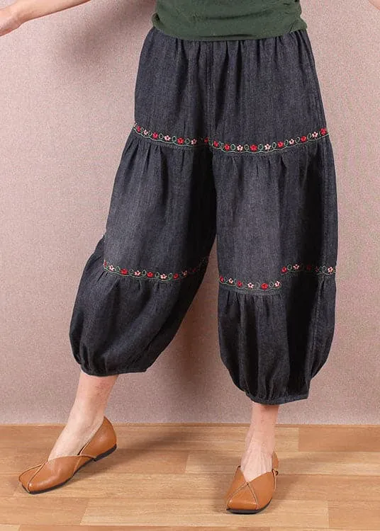 Elegant Denim Blue Elastic Waist Oriental Embroideried Patchwork Cotton Lantern Pants Summer