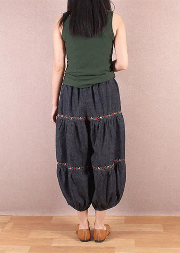 Elegant Denim Blue Elastic Waist Oriental Embroideried Patchwork Cotton Lantern Pants Summer