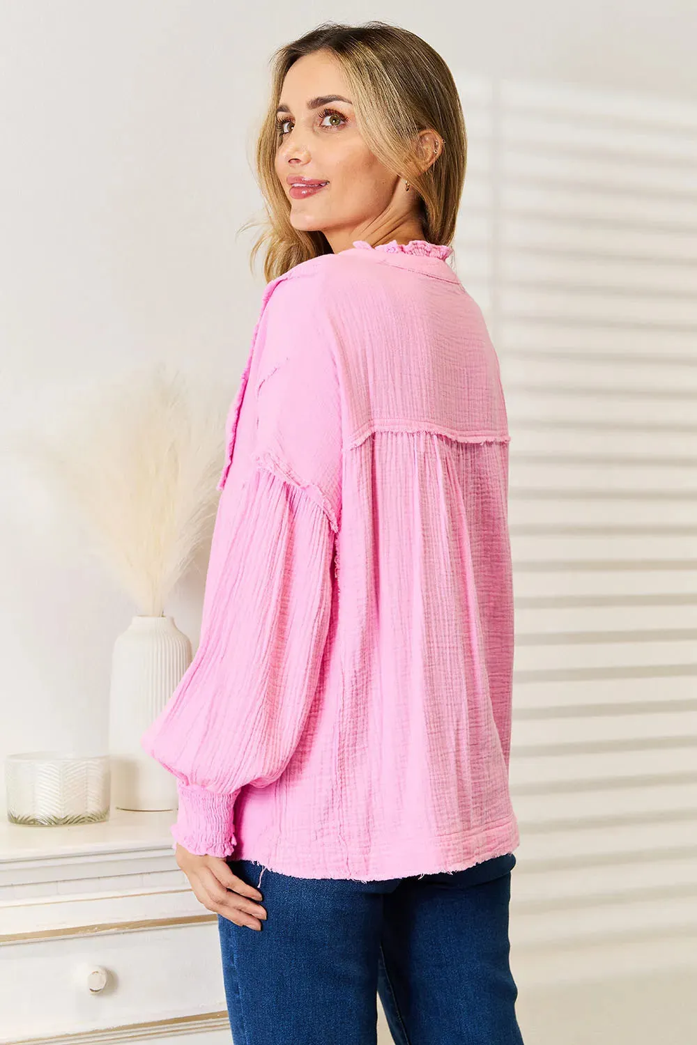 Exposed Seam Buttoned Notched Neck Blouse