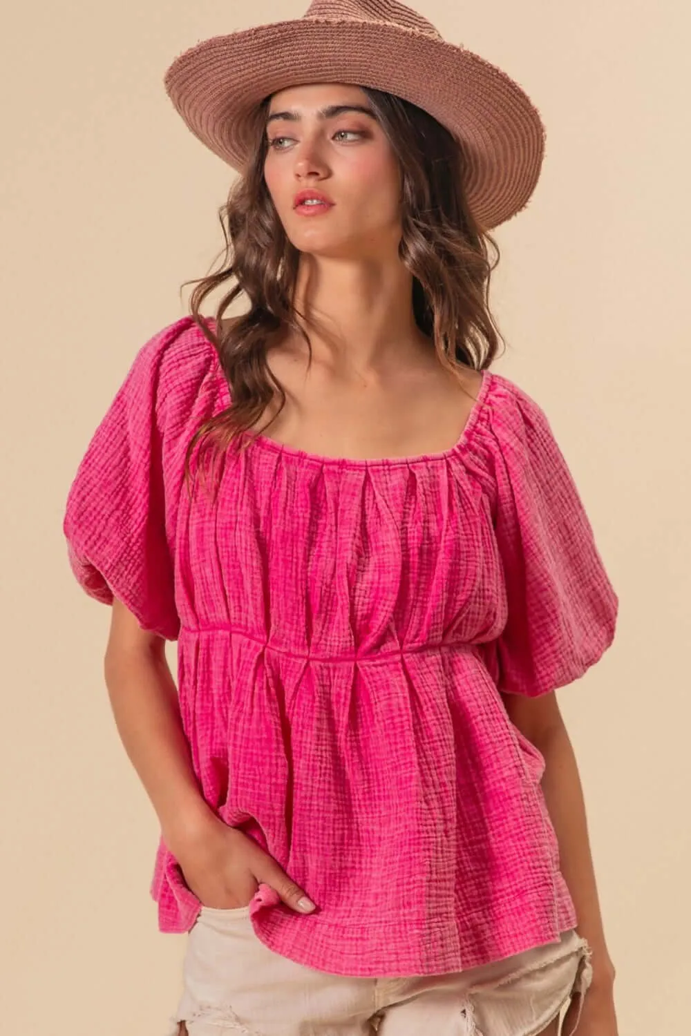 Fuchsia Pleated Puff Sleeve Washed Blouse