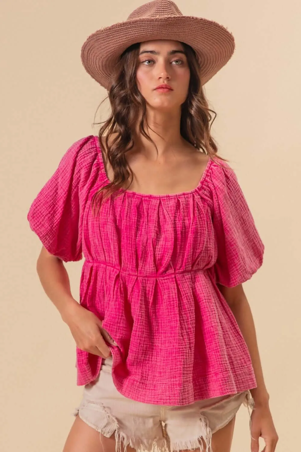 Fuchsia Pleated Puff Sleeve Washed Blouse