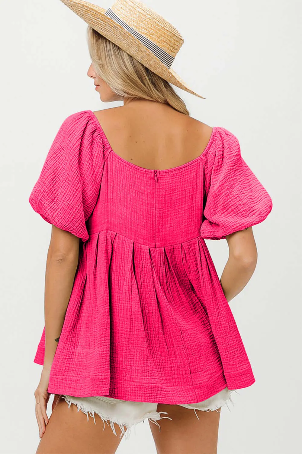 Fuchsia Pleated Puff Sleeve Washed Blouse