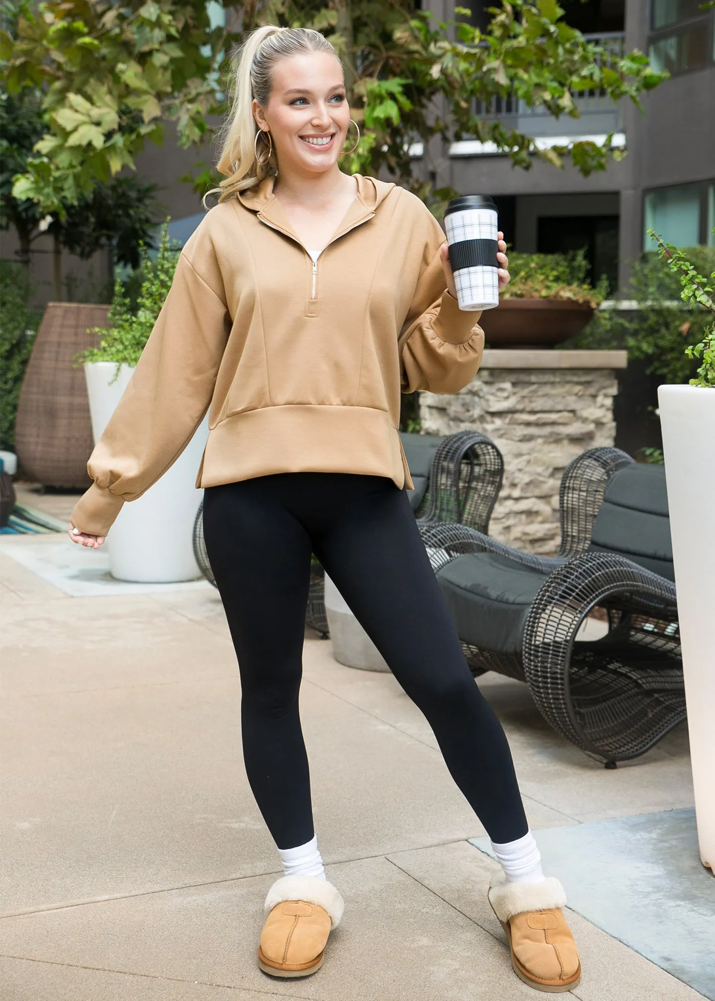 Half Zip Pullover Hoodie with Side Slit