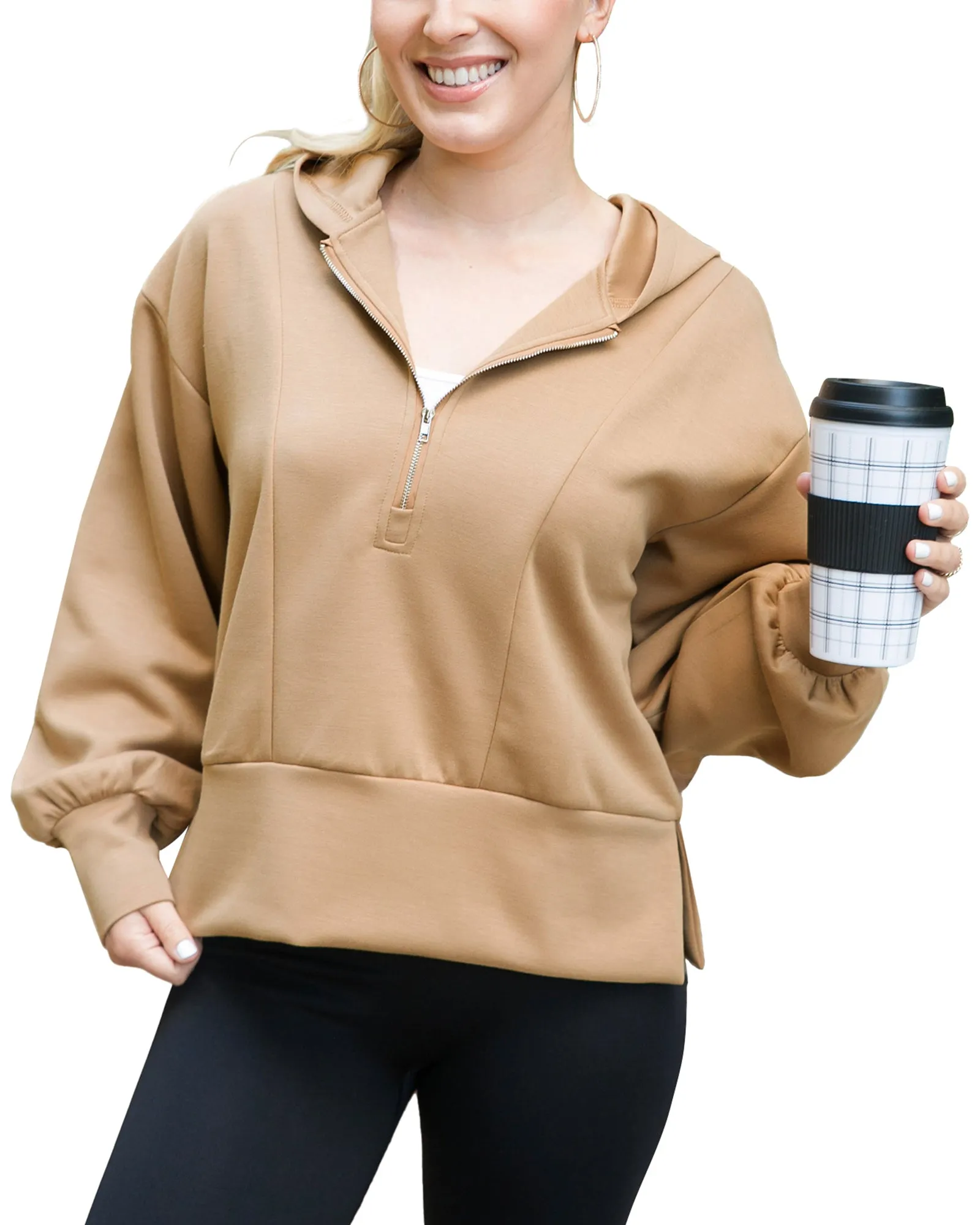 Half Zip Pullover Hoodie with Side Slit