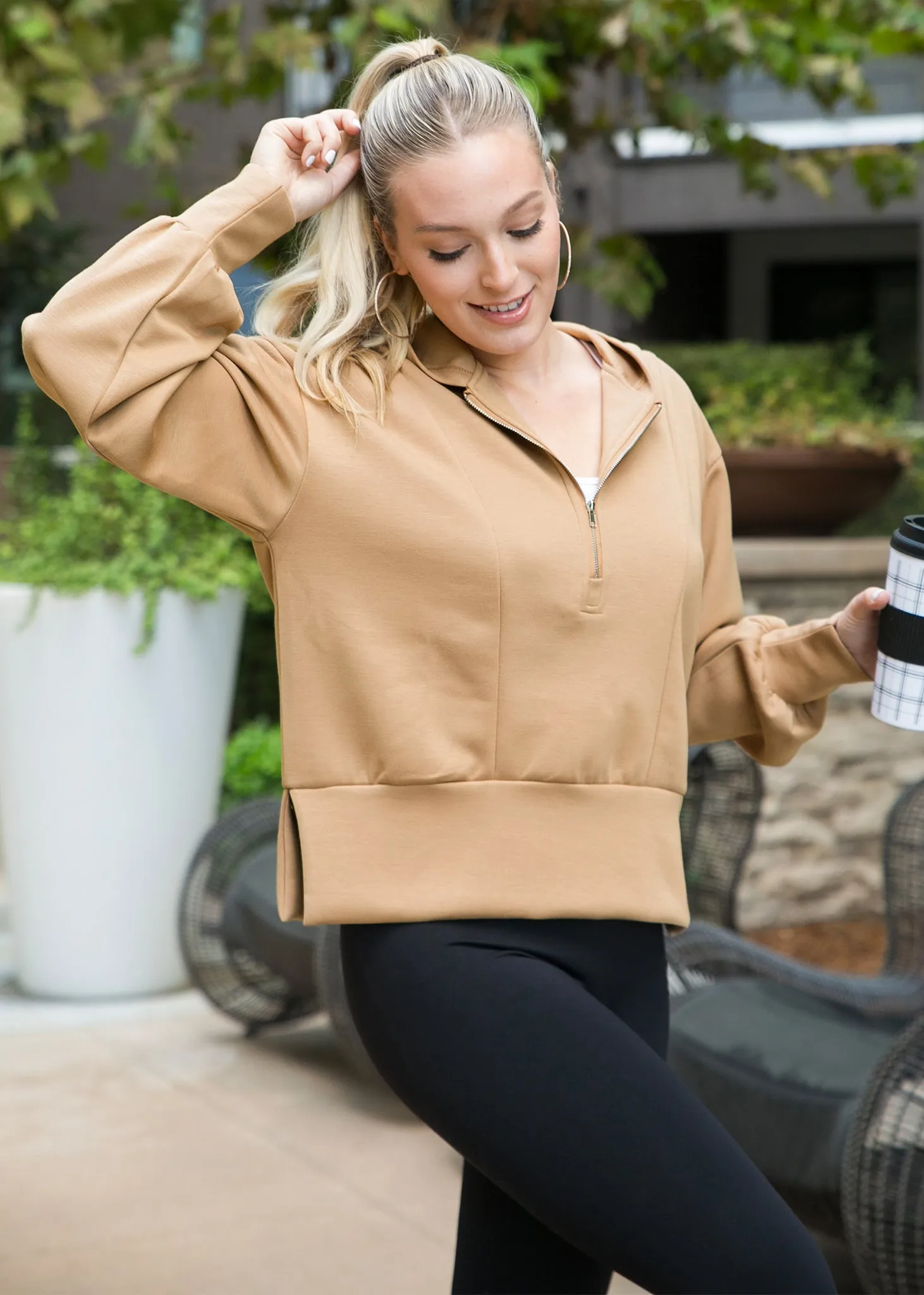 Half Zip Pullover Hoodie with Side Slit