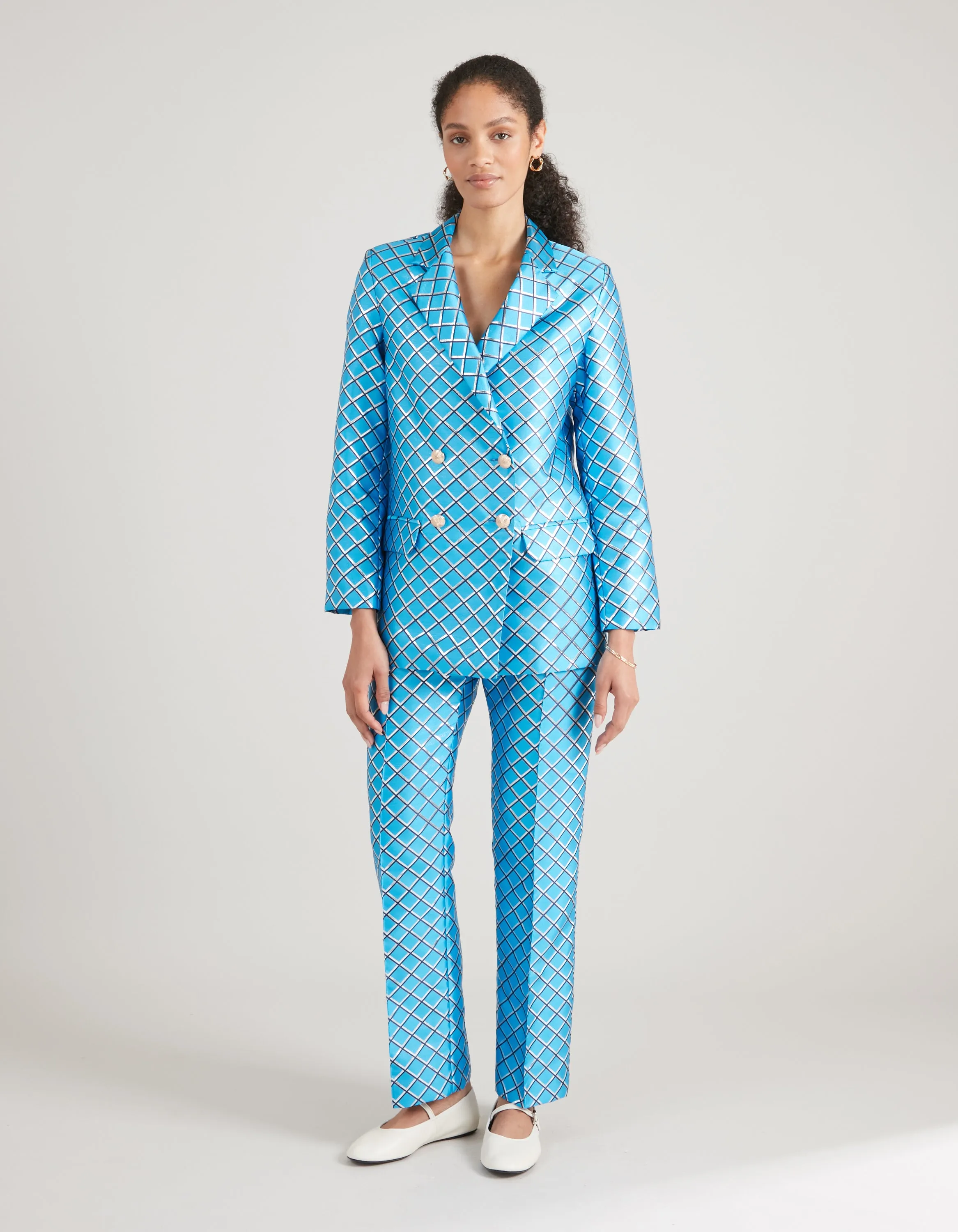 Hetty Blue Mesh Print Jacquard Trousers