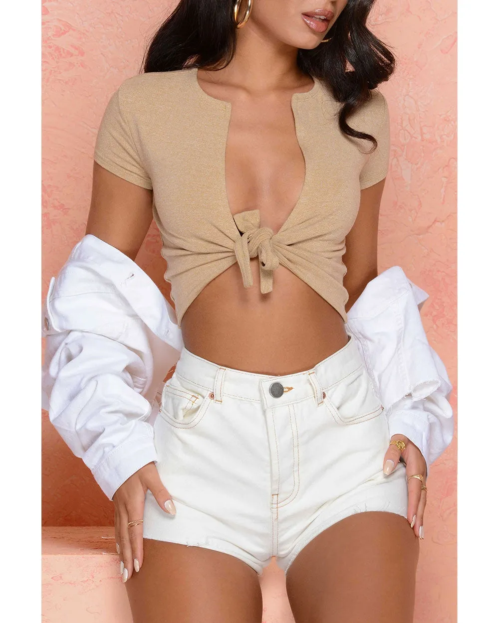 Knot My Intention Plunge Tie Front Crop Top in Beige