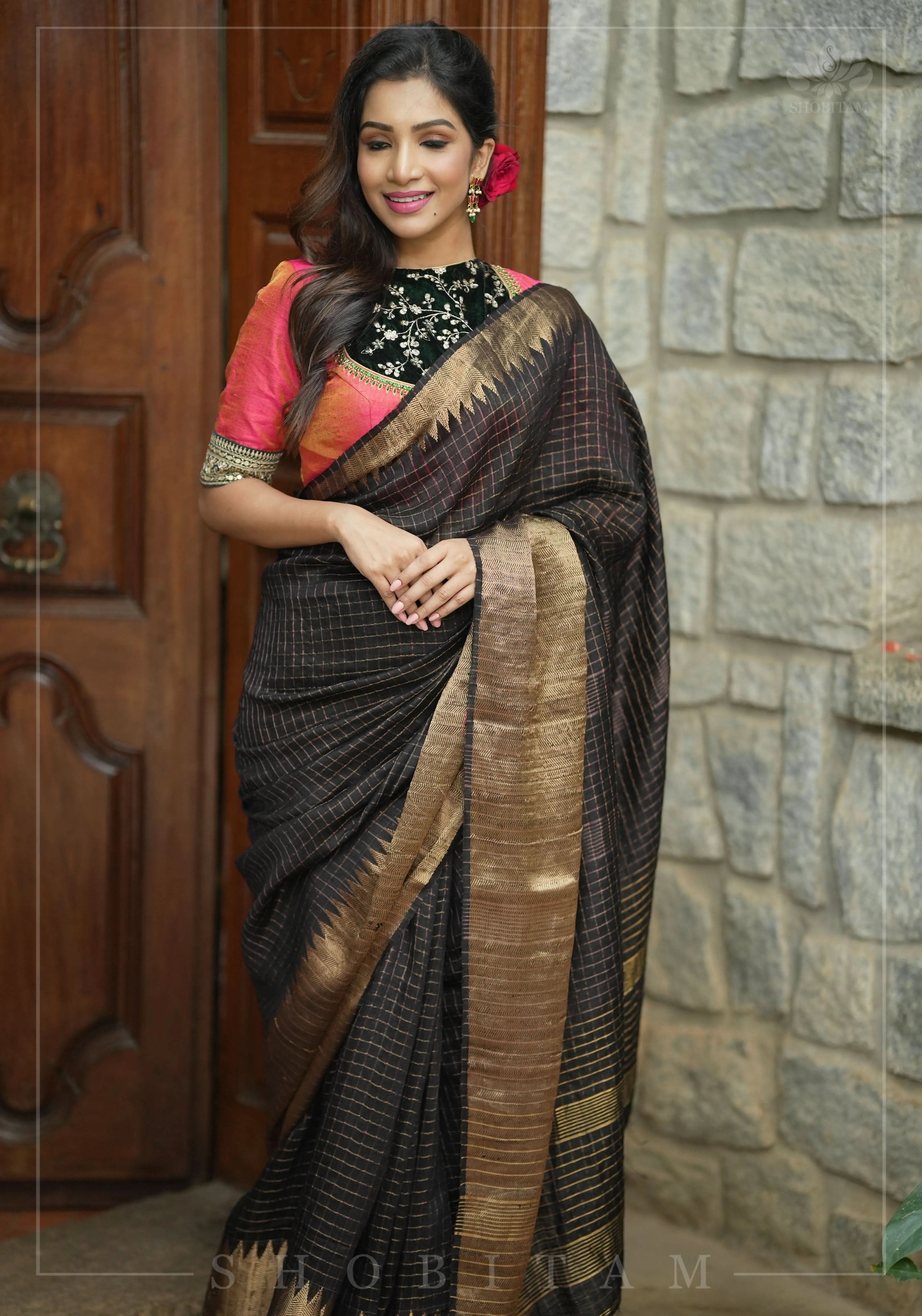 Matka Silk Saree in Black with Zari Checks and Wide Zari Temple Border | SILK MARK CERTIFIED