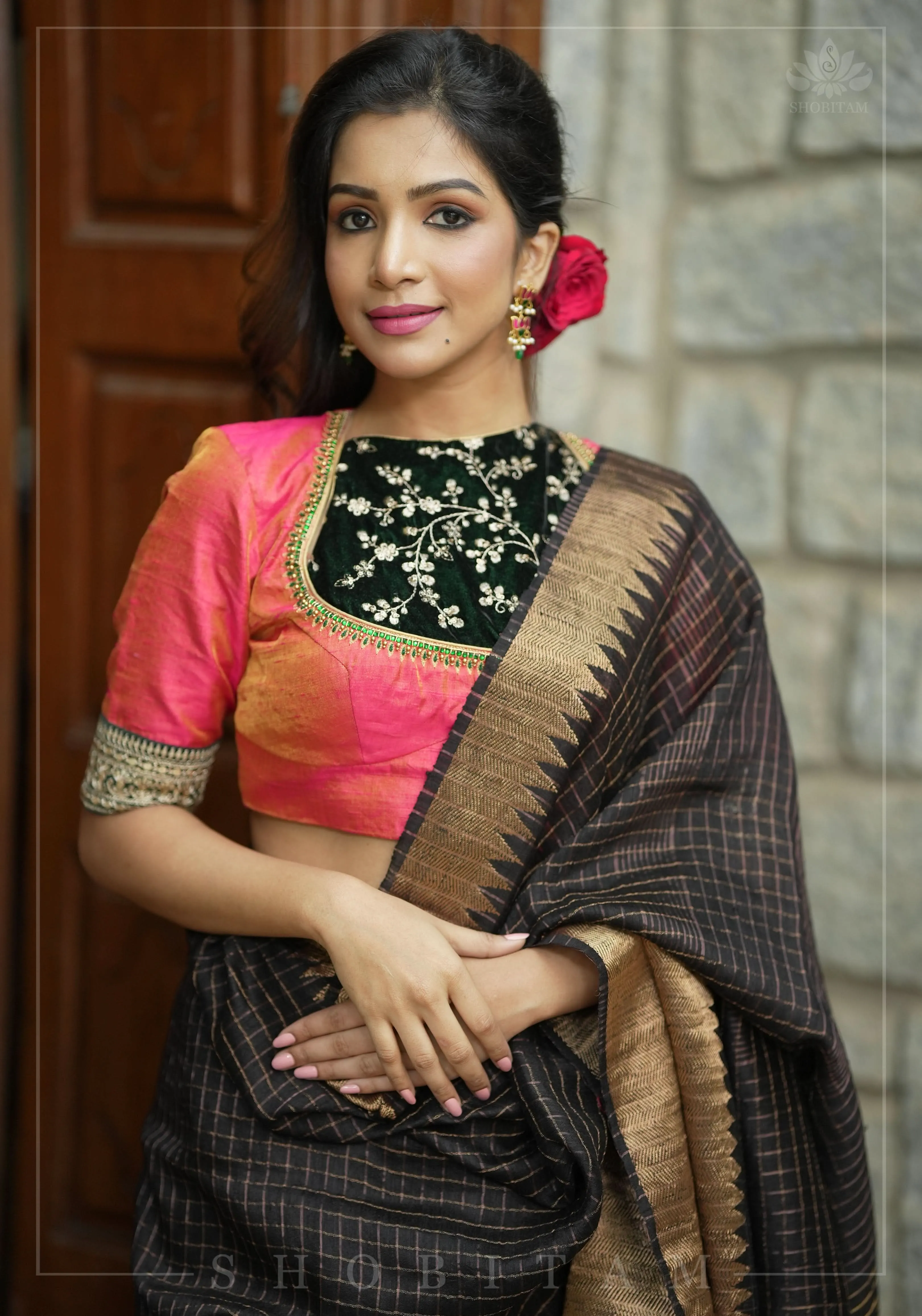 Matka Silk Saree in Black with Zari Checks and Wide Zari Temple Border | SILK MARK CERTIFIED