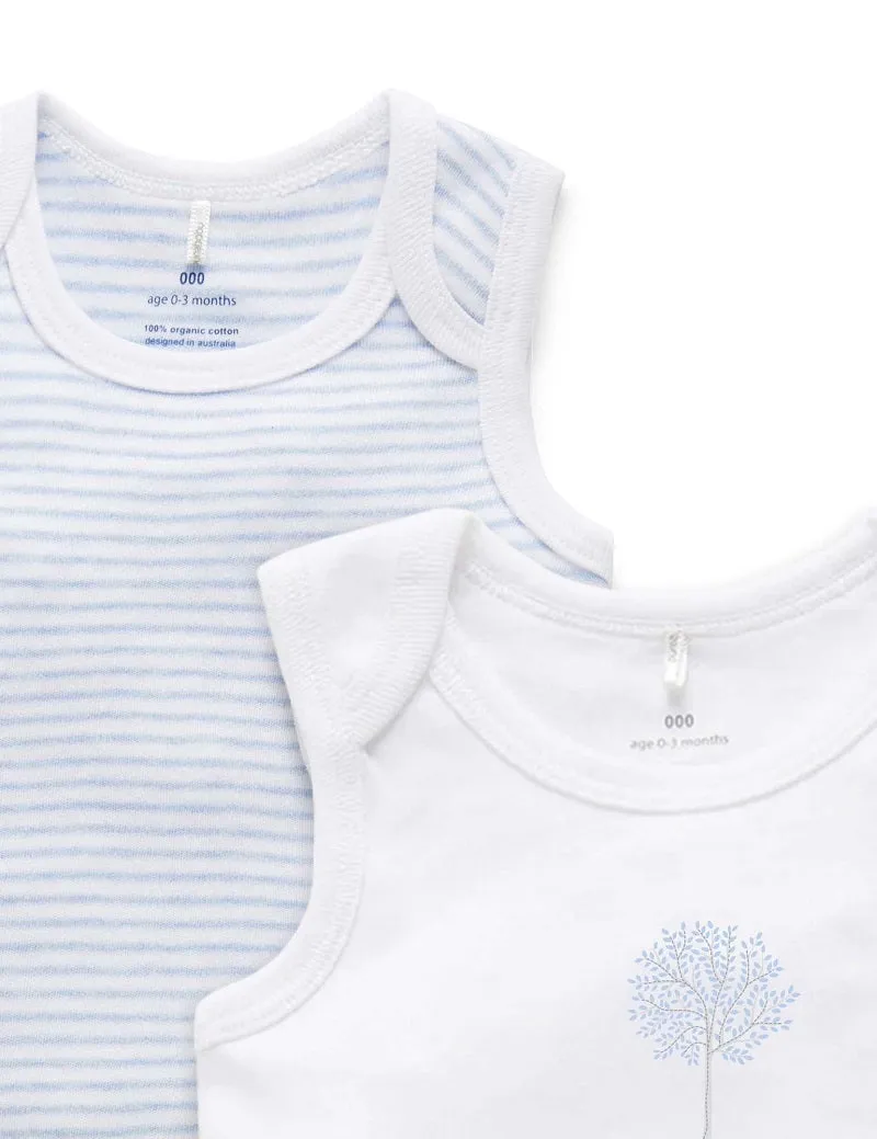 Purebaby Organic 2 Pack Singlet Bodysuit - White/Pale Blue Melange Stripe